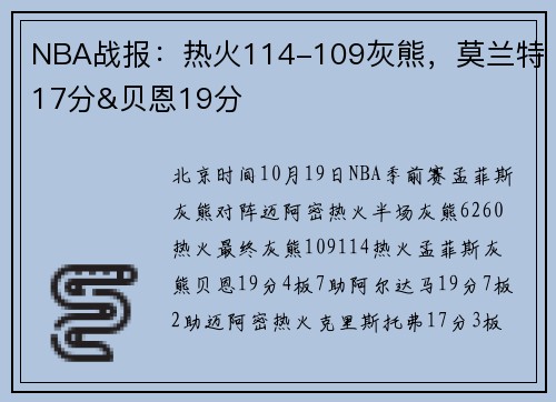 NBA战报：热火114-109灰熊，莫兰特17分&贝恩19分