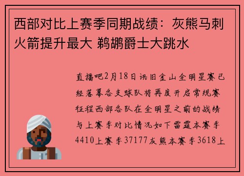 西部对比上赛季同期战绩：灰熊马刺火箭提升最大 鹈鹕爵士大跳水