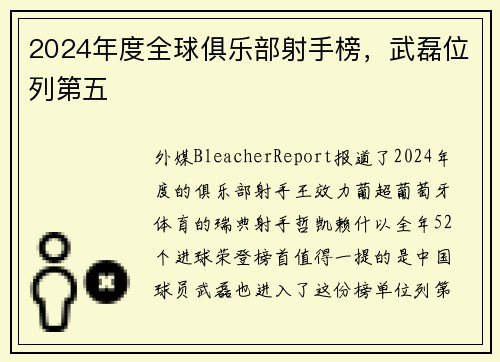 2024年度全球俱乐部射手榜，武磊位列第五