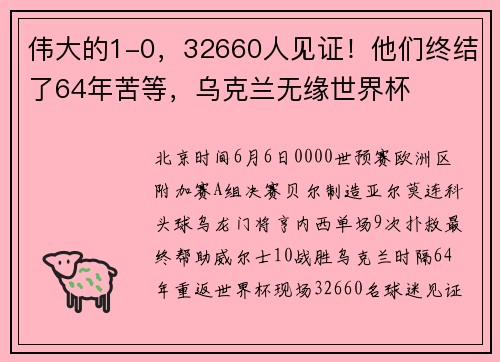 伟大的1-0，32660人见证！他们终结了64年苦等，乌克兰无缘世界杯